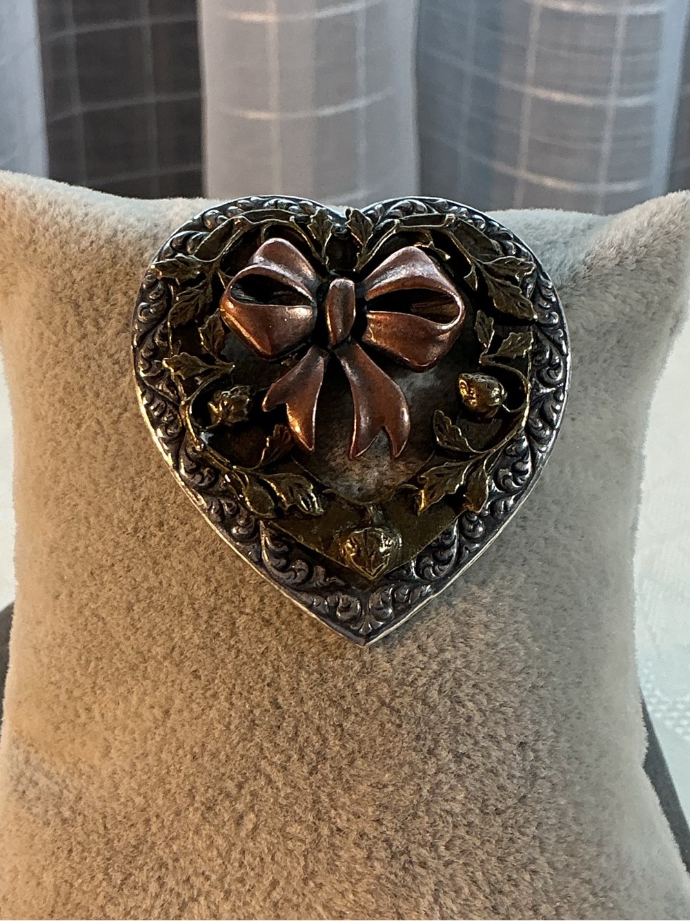 Kerissa Copper, Antiqued Brass and Pewter Metal Heart Bow Tri-Tone Color Brooch